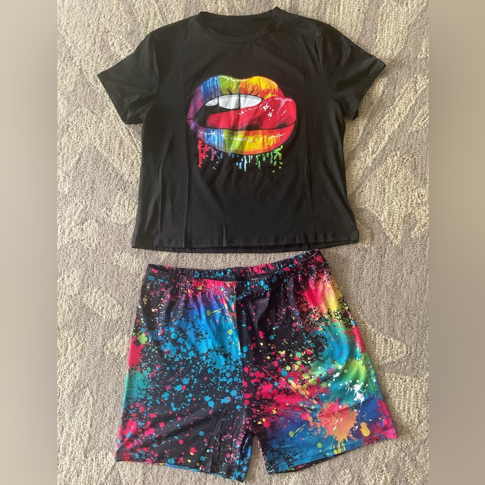 2XL Lips Print Set – T-Shirt & Shorts, Paint Splash Design, Casual Lounge Wear